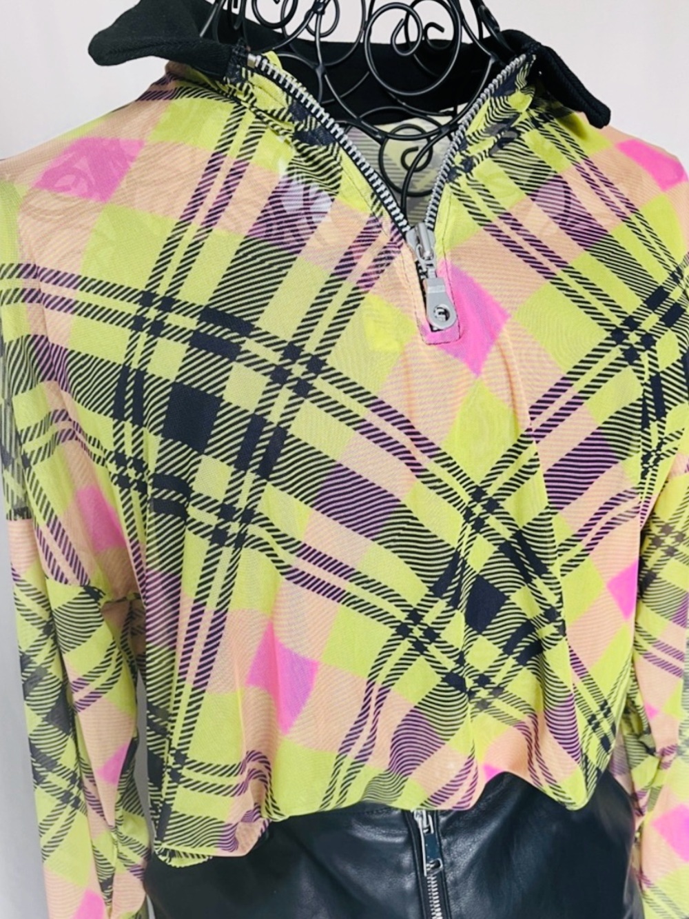 The Ragged Priest Sheer Mesh Plaid Tunic Top | Y2K Grunge Streetwear | Size S